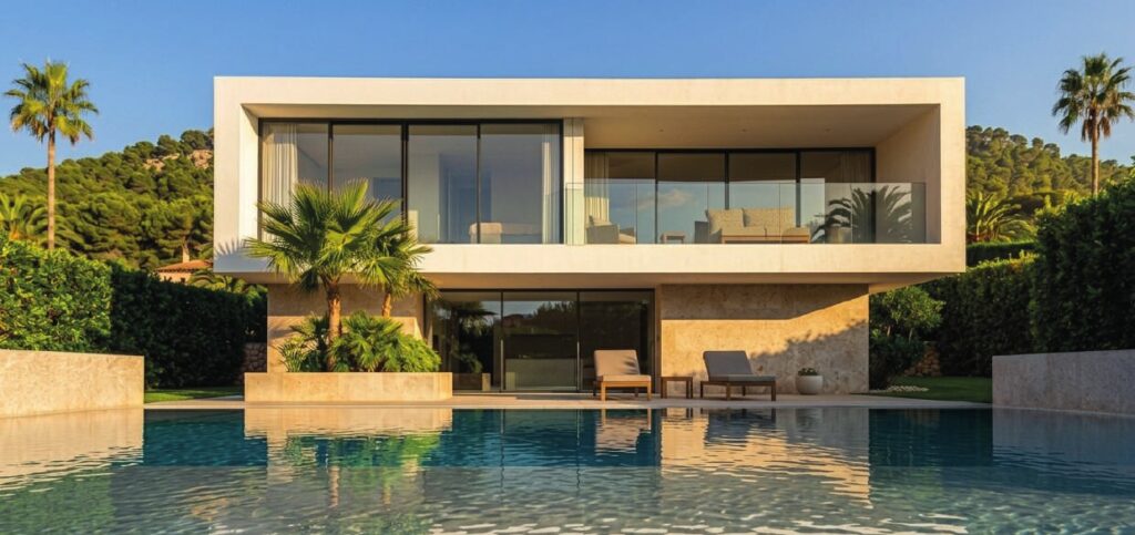 Mirror Villa: fachada principal reflejada en la piscina