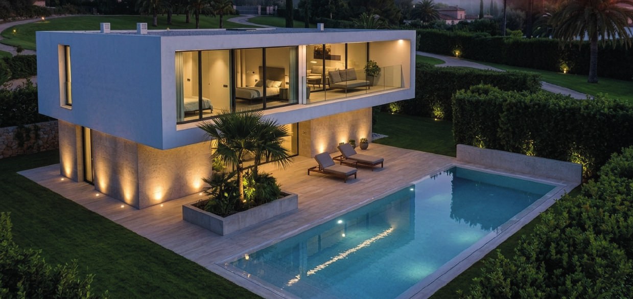 Mirror Villa: vista nocturna con la piscina iluminada